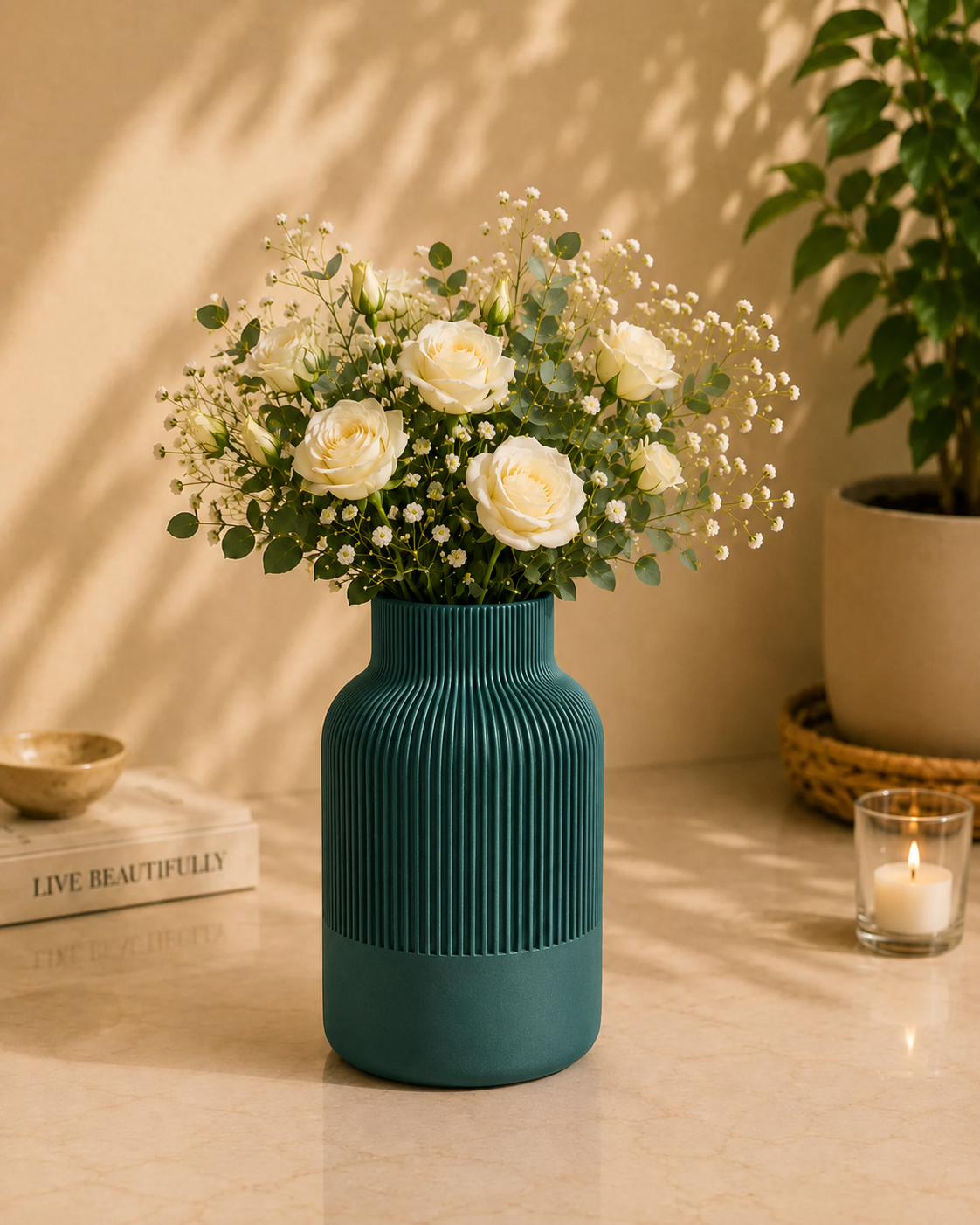 CraftLayer India Divine Vase in teal green with white roses on a warm tabletop