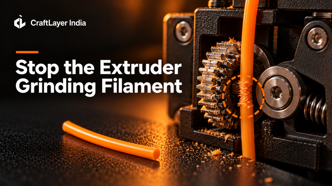 CraftLayer India blog thumbnail showing orange filament being ground by a 3D printer extruder gear, titled Stop the Extruder Grinding Filament