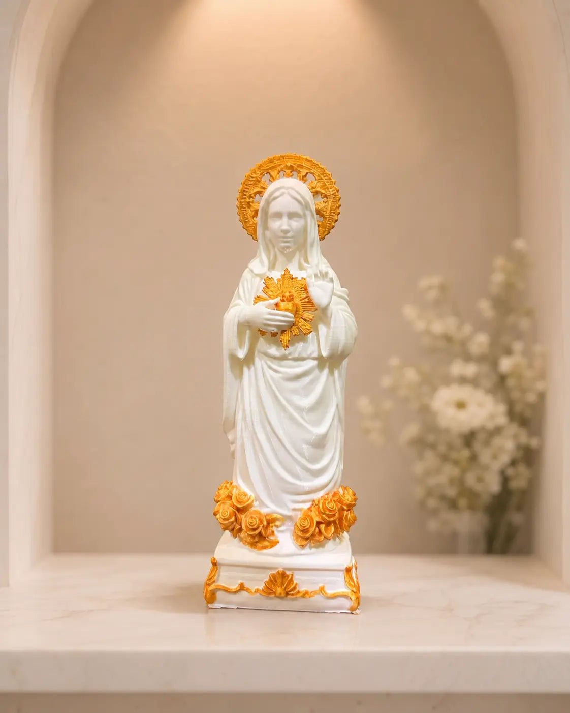 Sacred Heart Mother Mary Statue White Gold - CraftLayer India